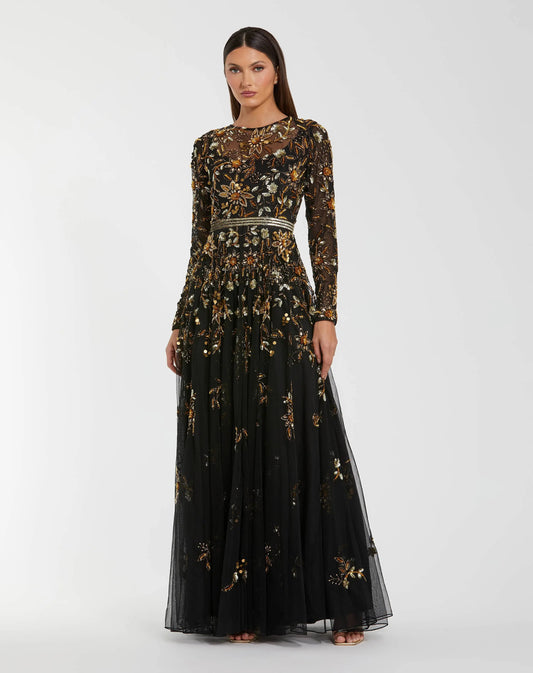 Mac Duggal Black Hand Embellished Long Sleeve A Line Gown