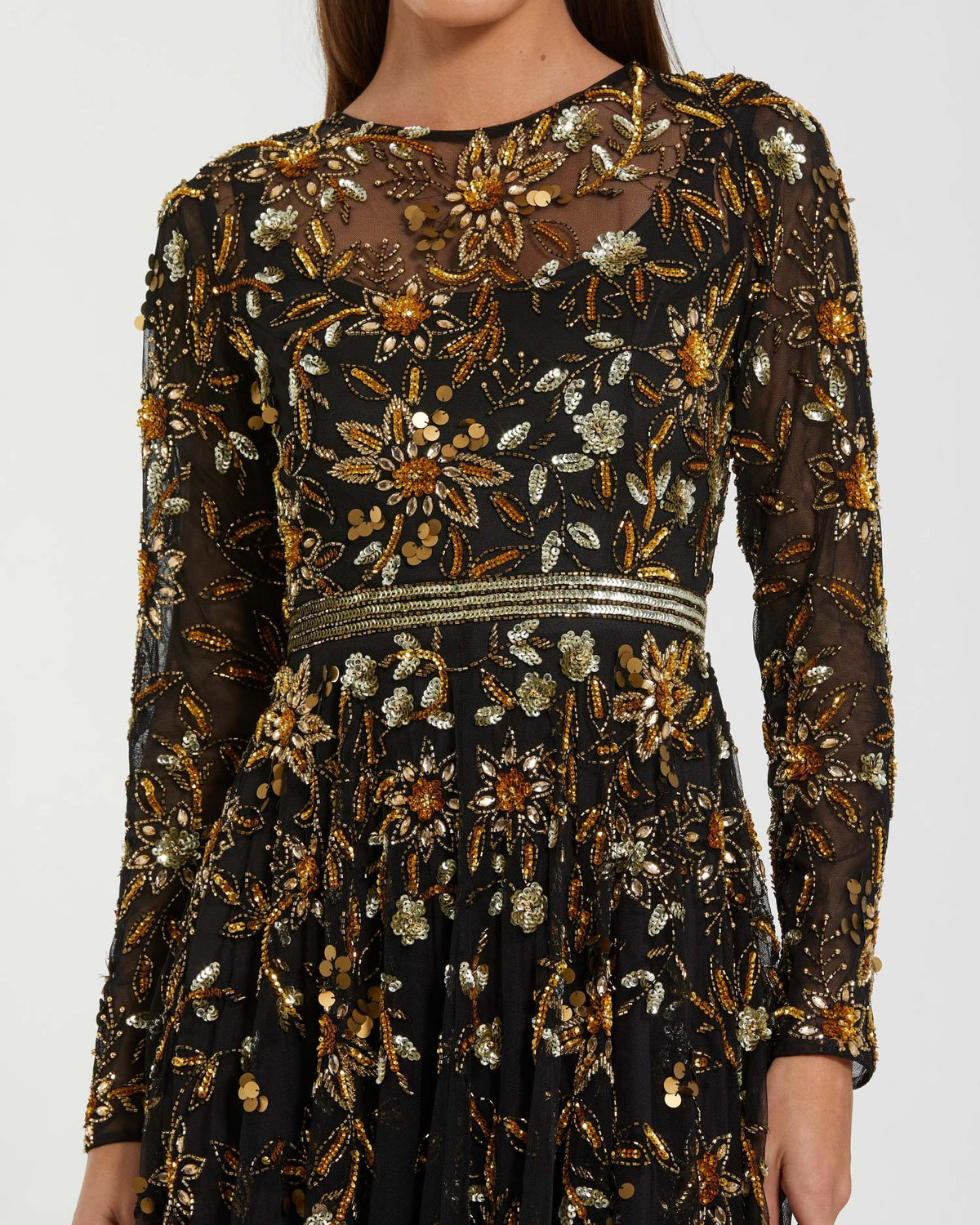 Mac Duggal Black Hand Embellished Long Sleeve A Line Gown