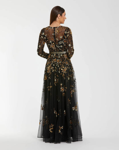 Mac Duggal Black Hand Embellished Long Sleeve A Line Gown