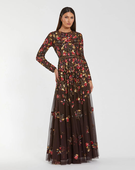 Mac Duggal Brown Long Sleeve Floral Embellished Evening Gown