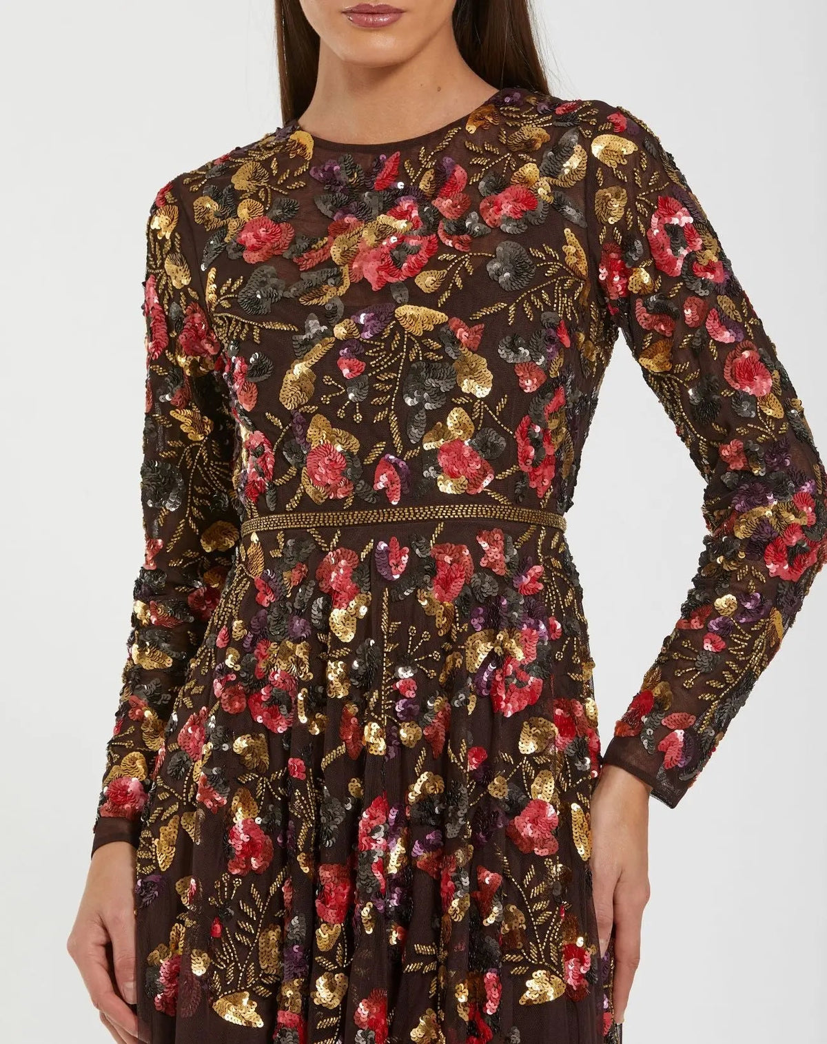Mac Duggal Brown Long Sleeve Floral Embellished Evening Gown