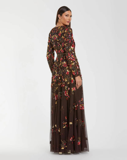 Mac Duggal Brown Long Sleeve Floral Embellished Evening Gown
