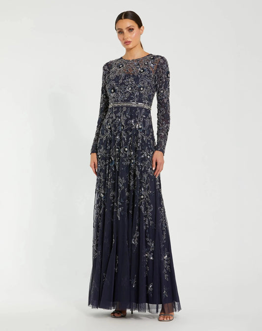 Mac Duggal Navy Long Sleeve Floral Embellished A-line Gown