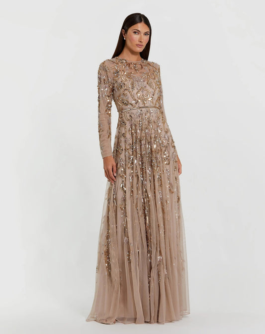 Mac Duggal Beige Long Sleeve Hand Embellished Gown