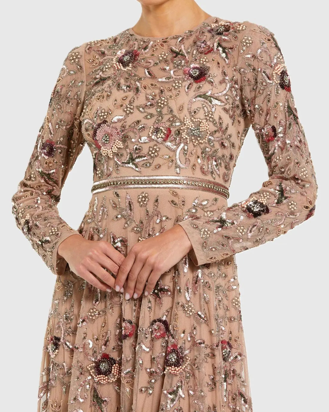 Mac Duggal Beige Long Sleeve Floral Embellished A-line Gown