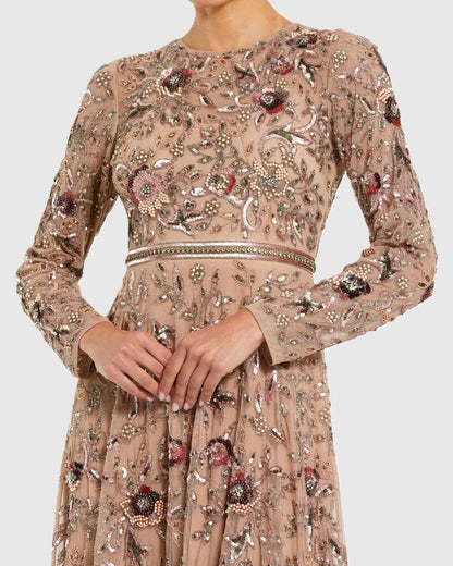 Mac Duggal Beige Long Sleeve Floral Embellished A-line Gown