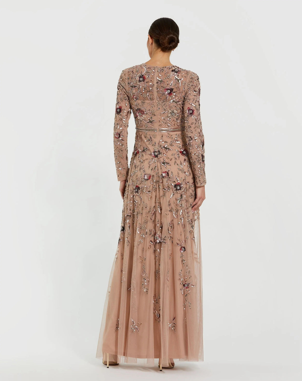 Mac Duggal Beige Long Sleeve Floral Embellished A-line Gown