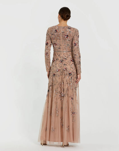 Mac Duggal Beige Long Sleeve Floral Embellished A-line Gown
