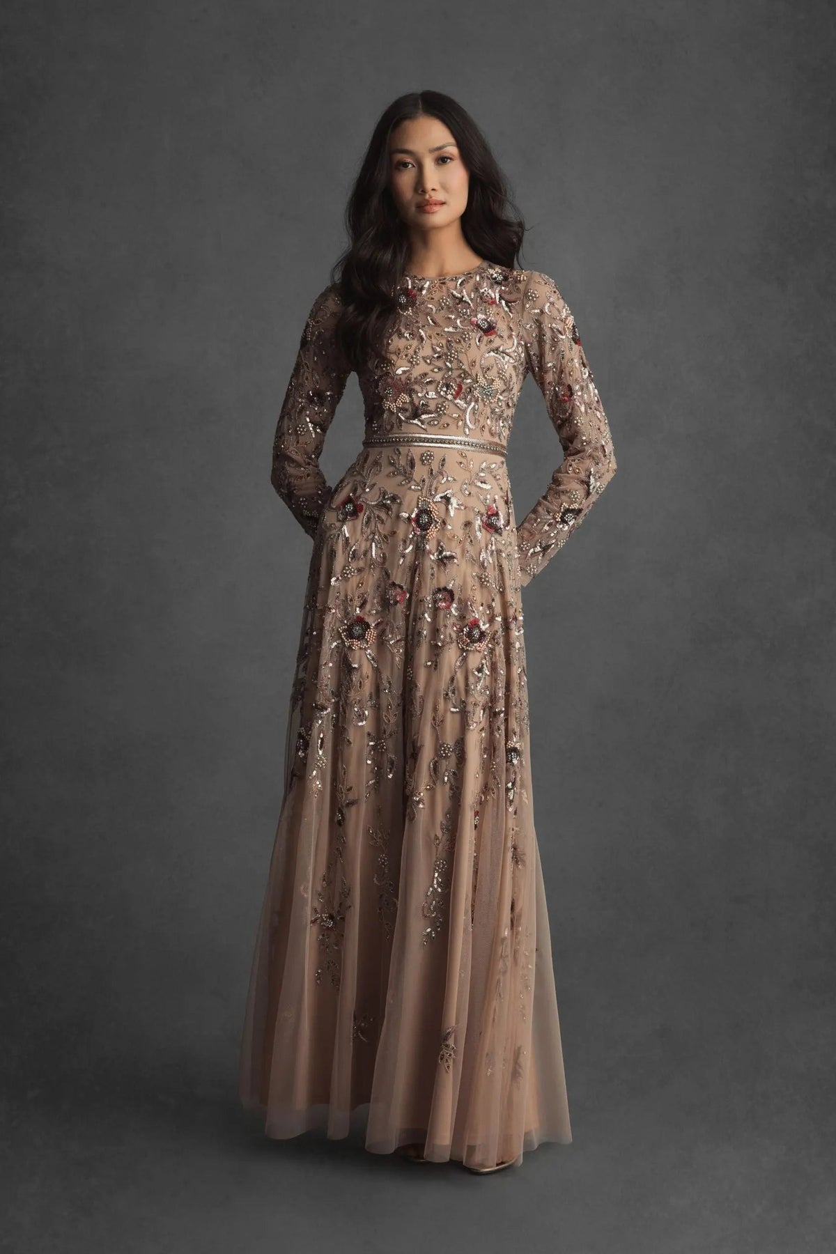 Mac Duggal Beige Long Sleeve Floral Embellished A-line Gown