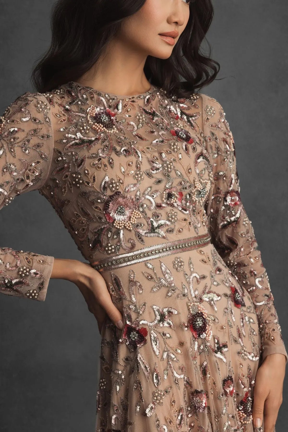 Mac Duggal Beige Long Sleeve Floral Embellished A-line Gown