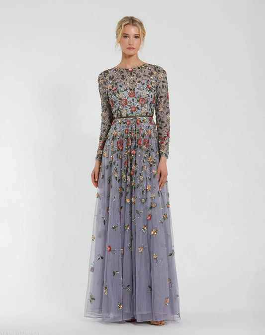 Mac Duggal Gray Embellished High Neck Long Sleeve A Line Gown