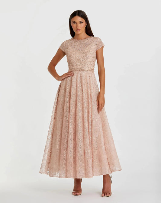 Mac Duggal Pink Embellished Cap Sleeve A Line Dress