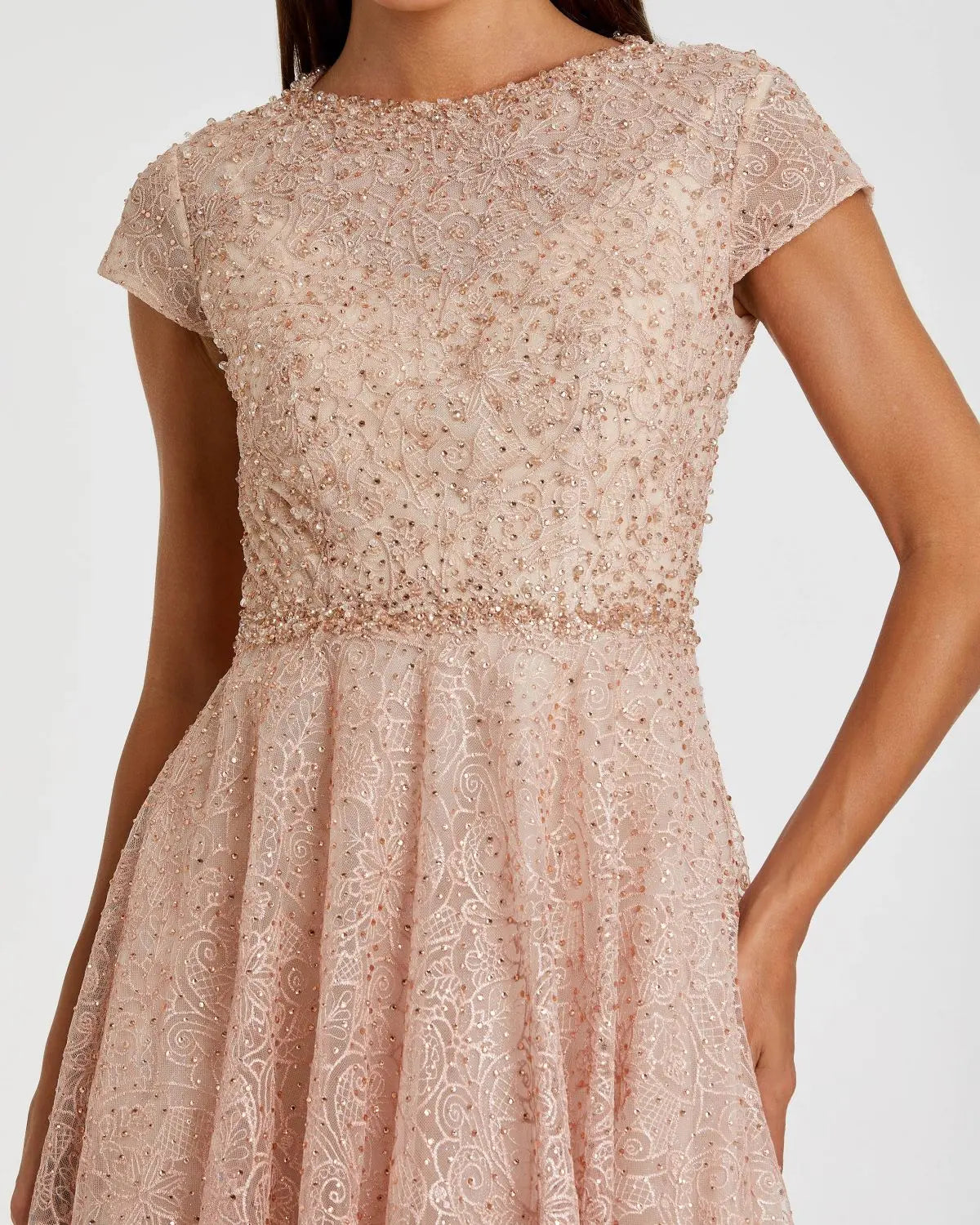 Mac Duggal Pink Embellished Cap Sleeve A Line Dress