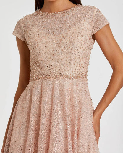 Mac Duggal Pink Embellished Cap Sleeve A Line Dress