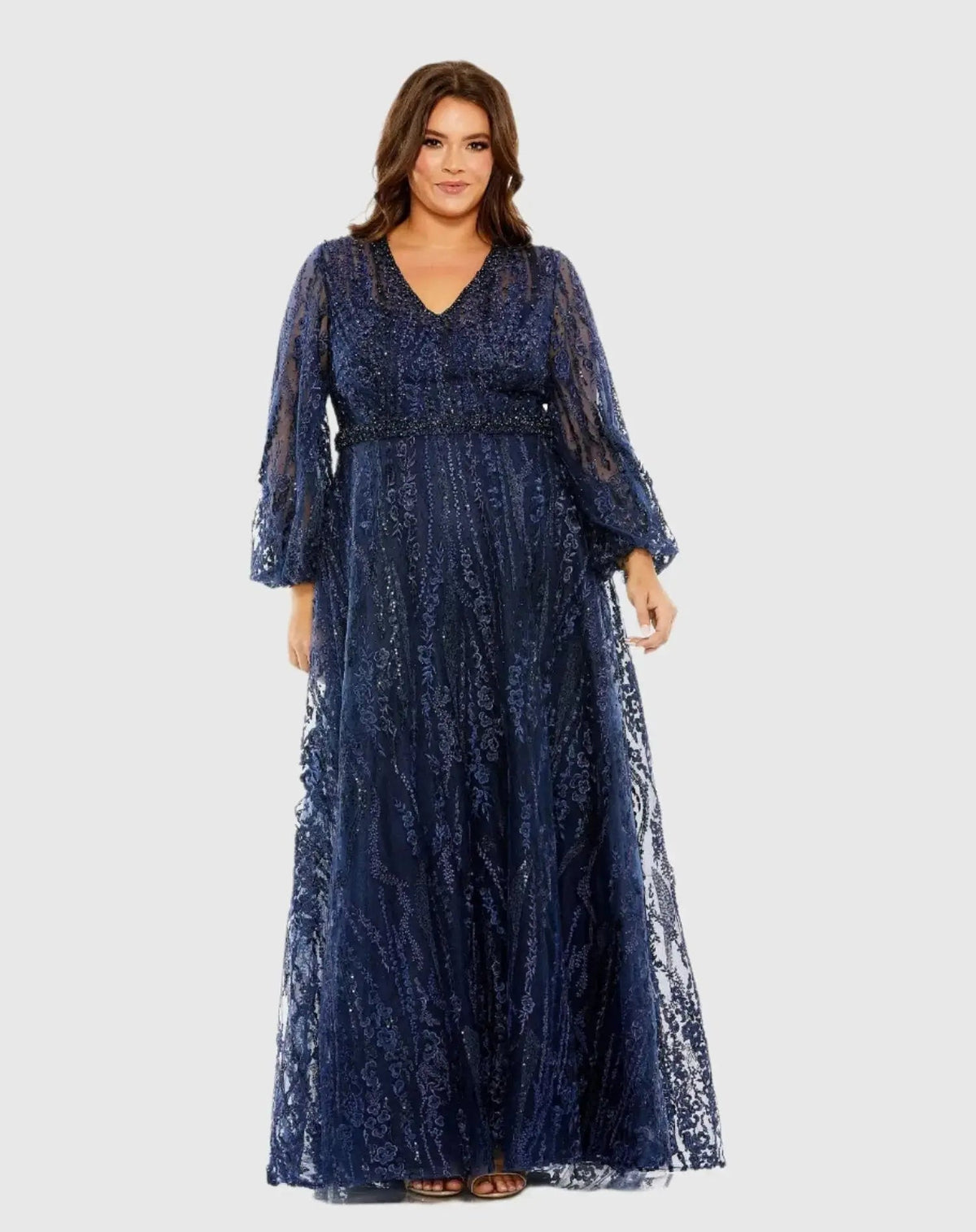 Mac Duggal Navy V Neck Puff Sleeve Embroidered A Line Gown (Plus)
