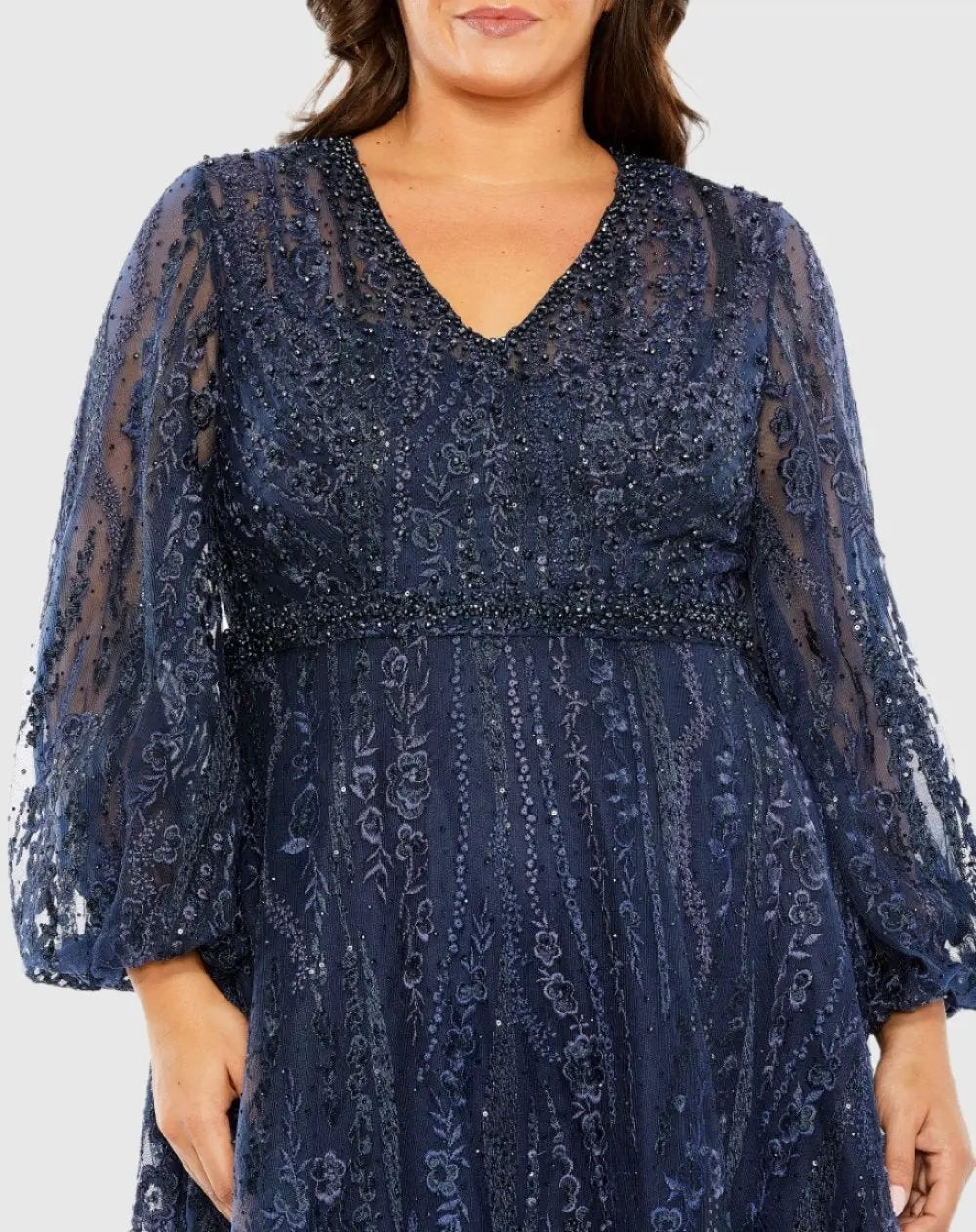 Mac Duggal Navy V Neck Puff Sleeve Embroidered A Line Gown (Plus)