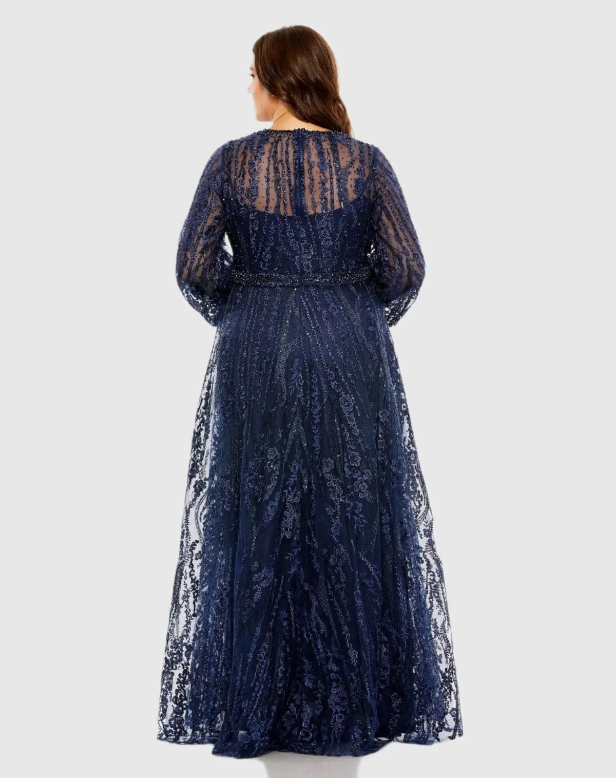 Mac Duggal Navy V Neck Puff Sleeve Embroidered A Line Gown (Plus)