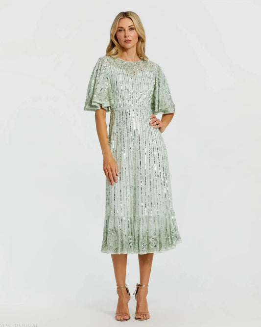 Mac Duggal Green Flounce Sleeve Midi Dress Duggal