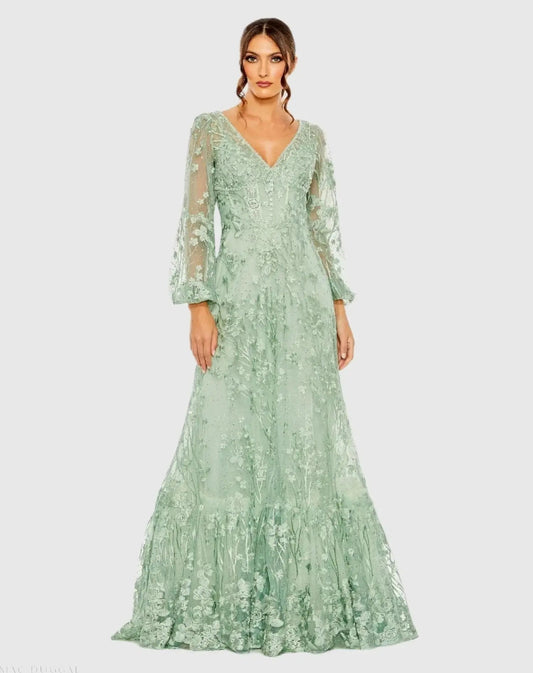 Mac Duggal Green Puff Sleeve A-Line Embroidered Gown Duggal