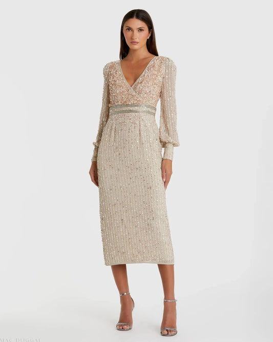 Mac Duggal Beige Sequined V Neck Bishop Sleeve Dress Duggal