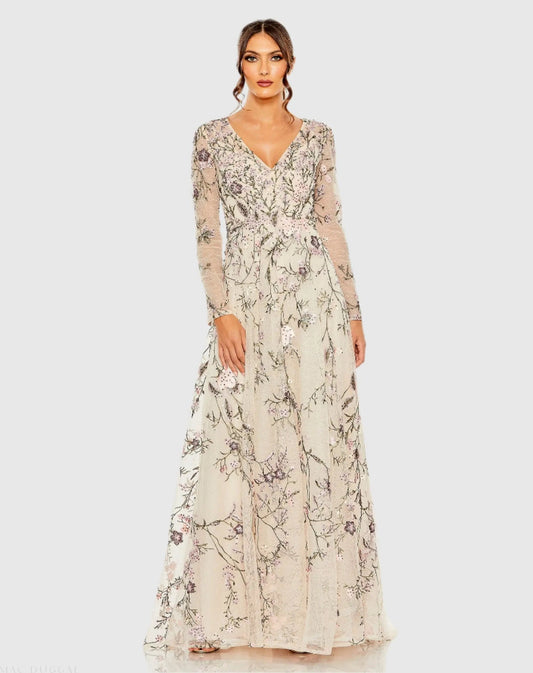 Mac Duggal V-Neck Long Sleeve Embroidered A-Line Floral Gown
