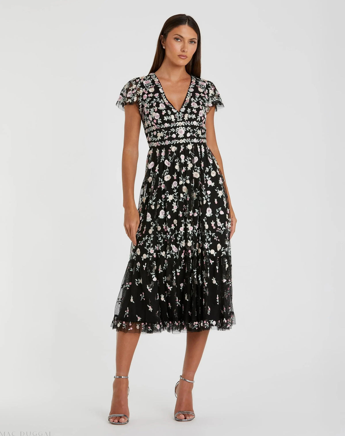 Mac Duggal Black Multicolor Embroidered V Neck Cap Sleeve Midi Dress