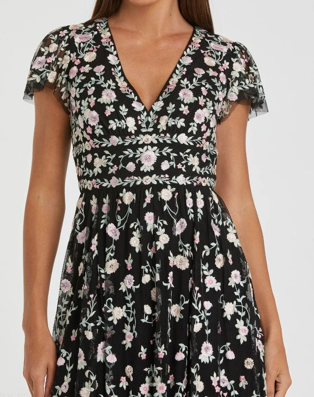 Mac Duggal Black Multicolor Embroidered V Neck Cap Sleeve Midi Dress