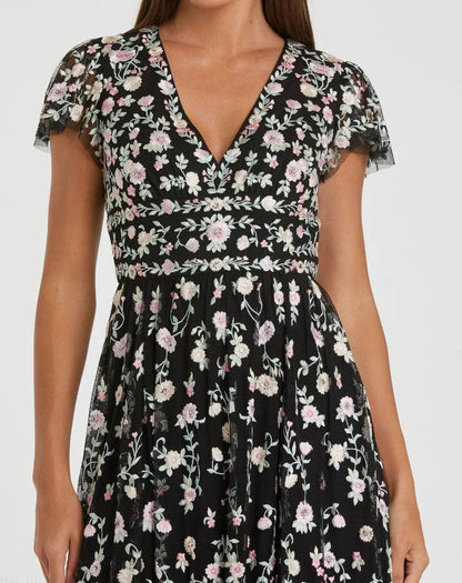 Mac Duggal Black Multicolor Embroidered V Neck Cap Sleeve Midi Dress