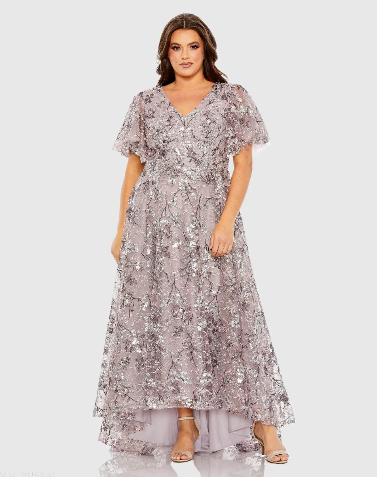 Mac Duggal Purple V Neck Flutter Sleeve A Line Embellished Gown (Plus)