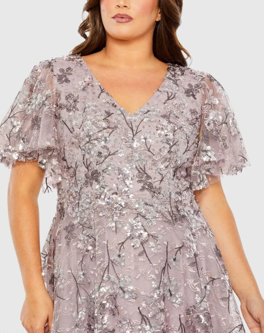 Mac Duggal Purple V Neck Flutter Sleeve A Line Embellished Gown (Plus)