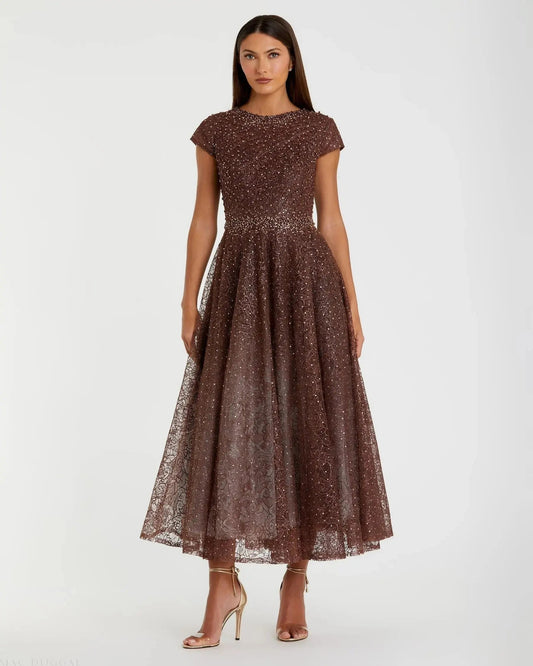 Mac Duggal Brown Embellished Cap Sleeve A Line Dress