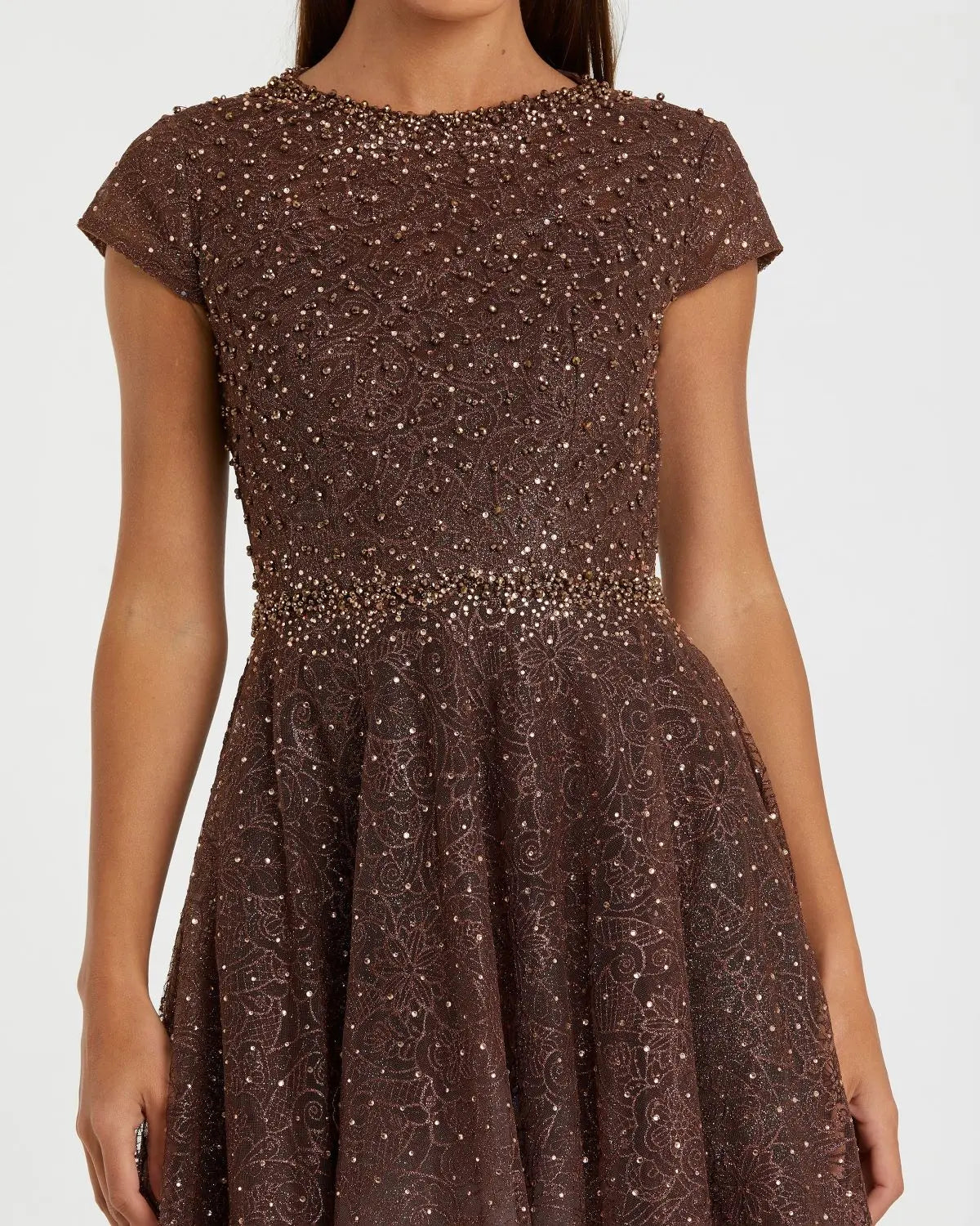 Mac Duggal Brown Embellished Cap Sleeve A Line Dress