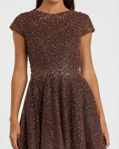 Mac Duggal Brown Embellished Cap Sleeve A Line Dress