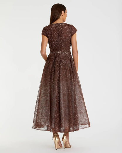 Mac Duggal Brown Embellished Cap Sleeve A Line Dress