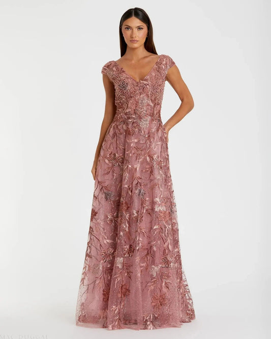 Mac Duggal Pink Embroidered Illusion Cap Sleeve A Line Gown Duggal