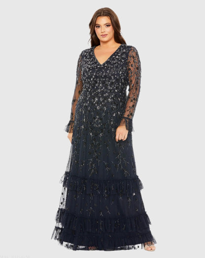 Mac Duggal V-Neck Embellished Long Flutter Sleeve Gown Duggal
