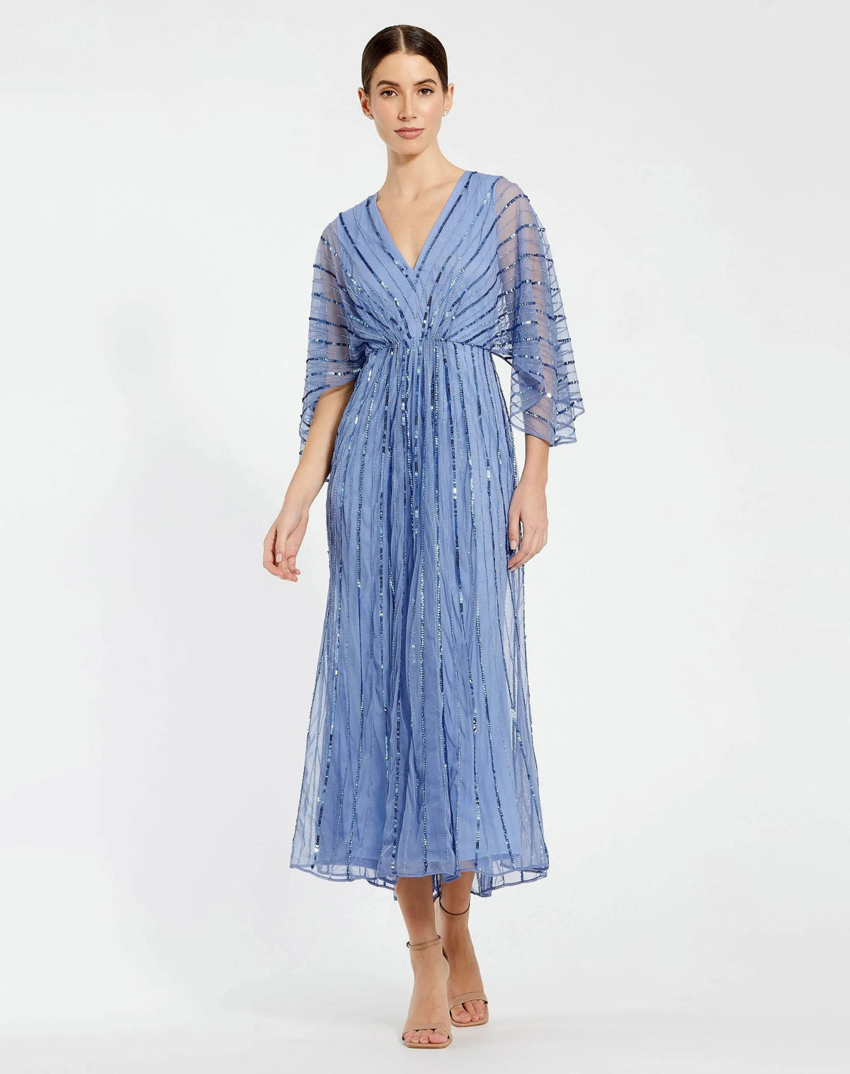 Mac Duggal Blue Beaded Kimono V-Neck Empire Midi Dress