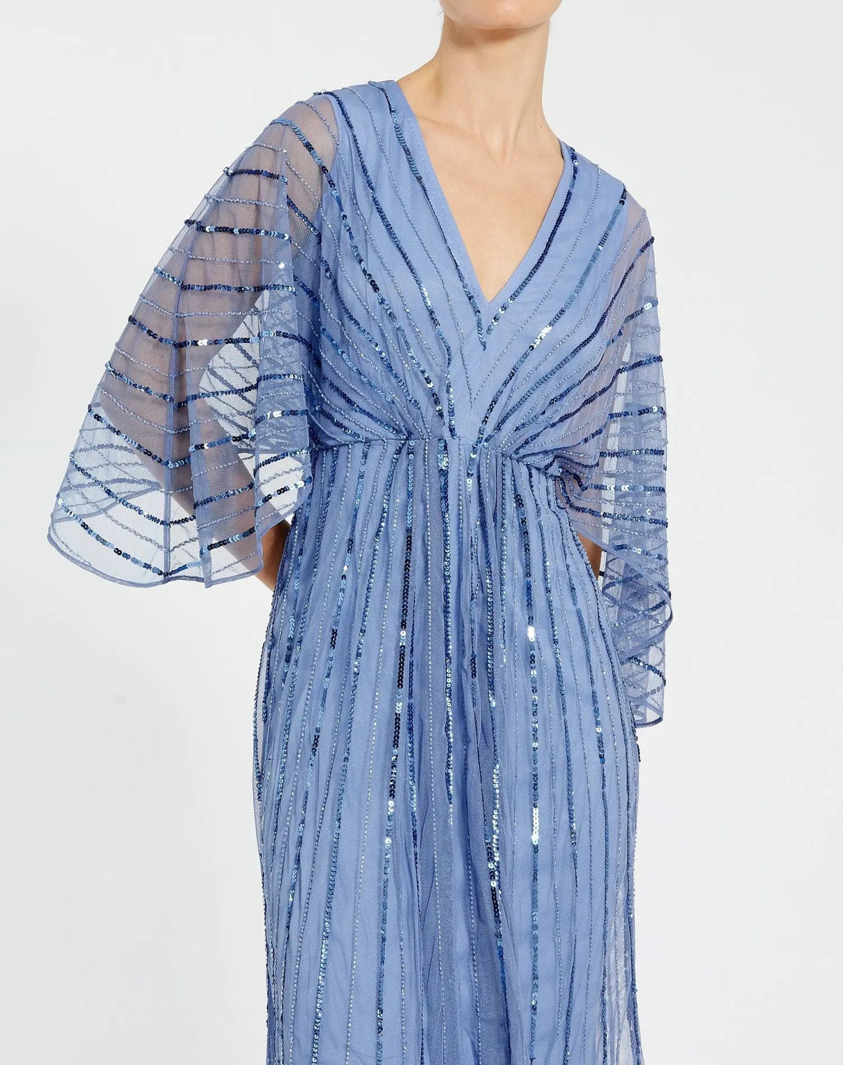 Mac Duggal Blue Beaded Kimono V-Neck Empire Midi Dress