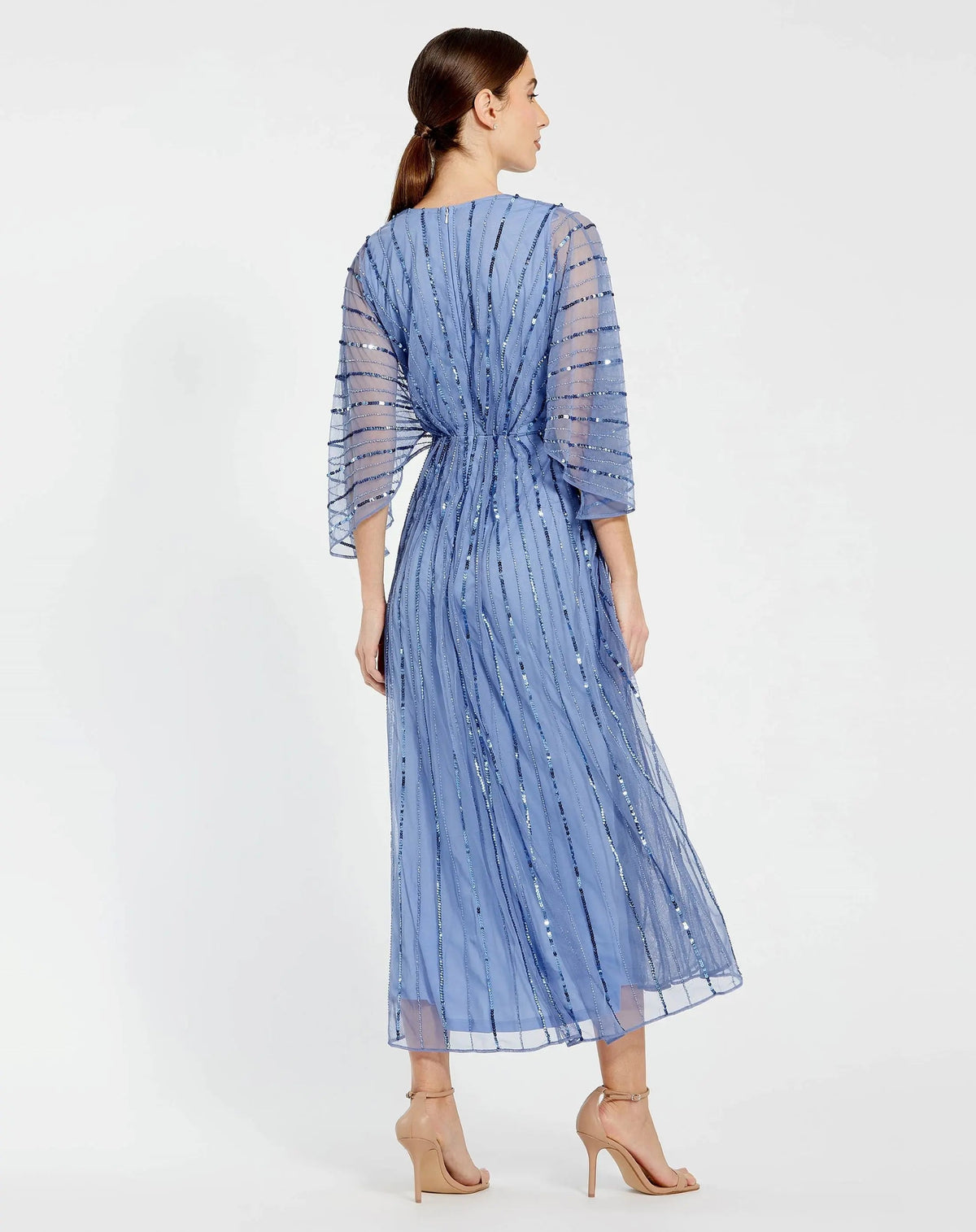 Mac Duggal Blue Beaded Kimono V-Neck Empire Midi Dress