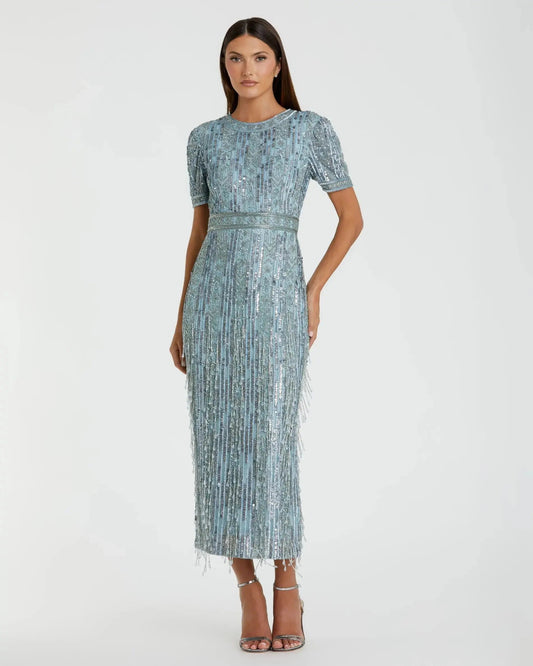 Mac Duggal Blue High Neck Short Sleeve Crystal Fringe Column Dress