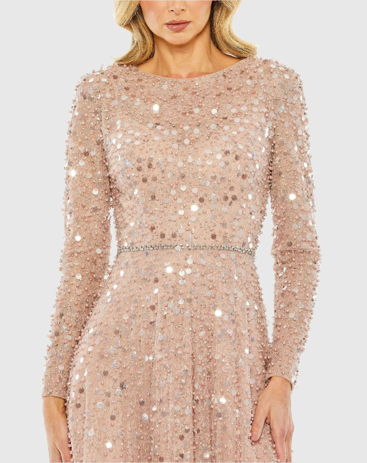 Mac Duggal Disc Embellished Sequin Dress with Feather Detail