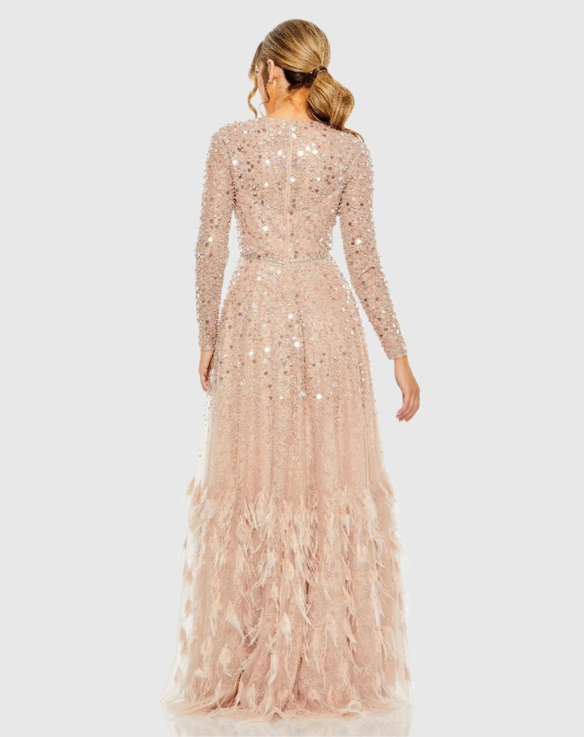 Mac Duggal Disc Embellished Sequin Dress with Feather Detail