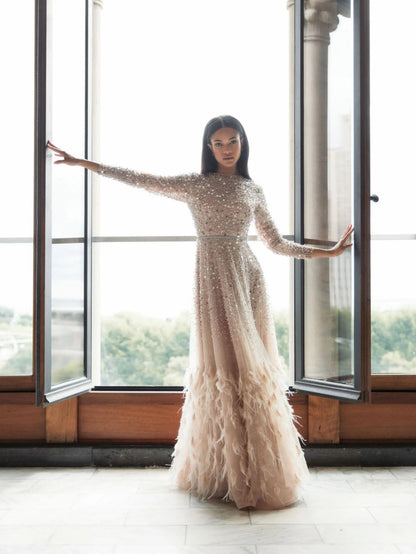 Mac Duggal Disc Embellished Sequin Dress with Feather Detail