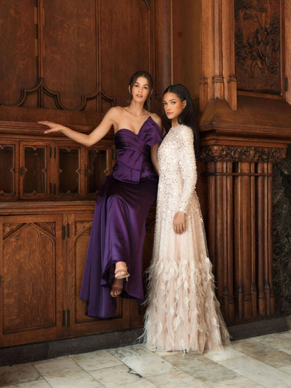 Mac Duggal Disc Embellished Sequin Dress with Feather Detail