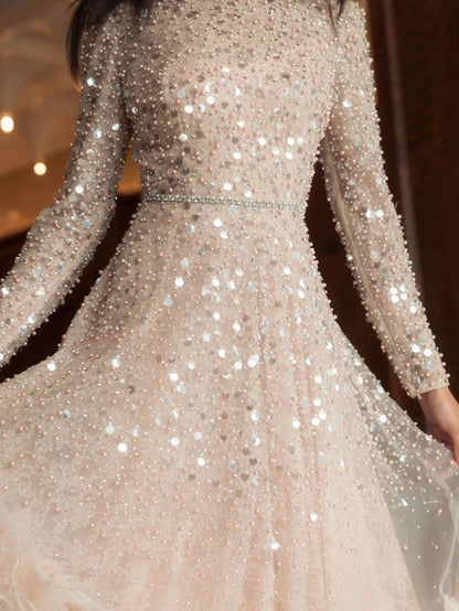 Mac Duggal Disc Embellished Sequin Dress with Feather Detail
