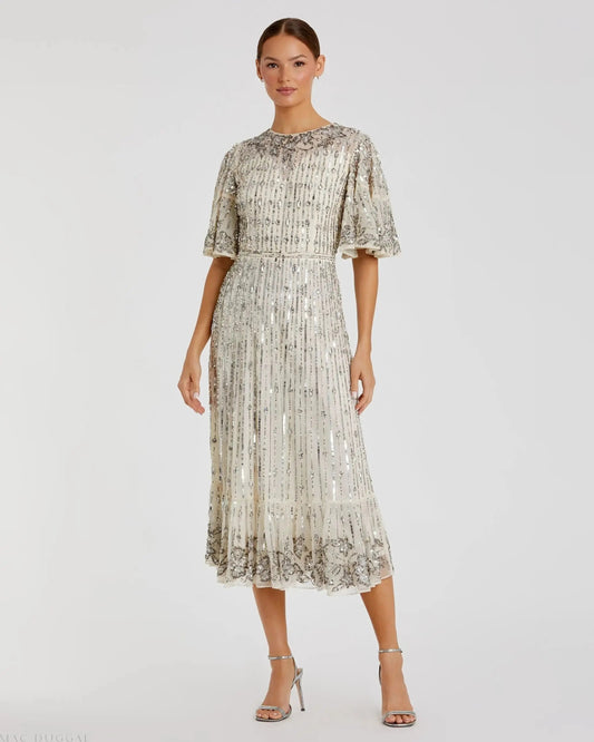 Mac Duggal Silver Flounce Sleeve Midi Dress Duggal