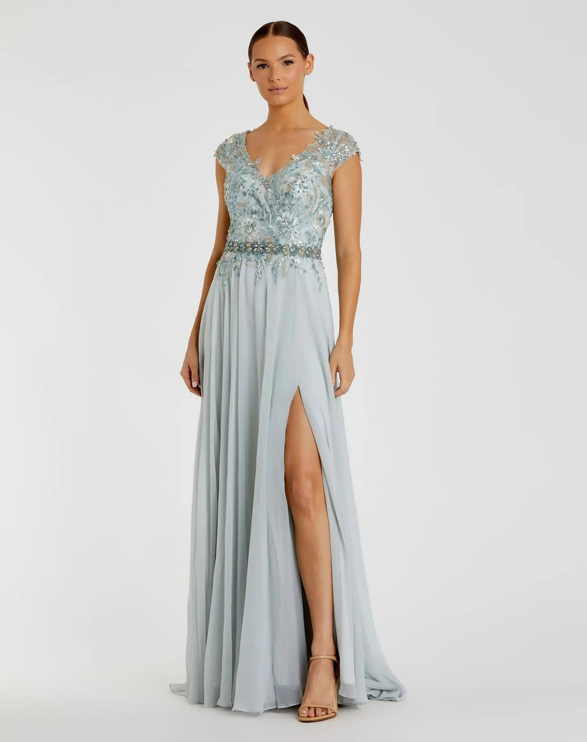 Mac Duggal Blue Embellished Cap Sleeve Bodice Flowy Gown Duggal