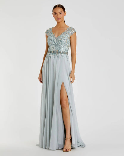 Mac Duggal Blue Embellished Cap Sleeve Bodice Flowy Gown Duggal