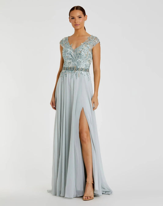 Mac Duggal Blue Embellished Cap Sleeve Bodice Flowy Gown Duggal