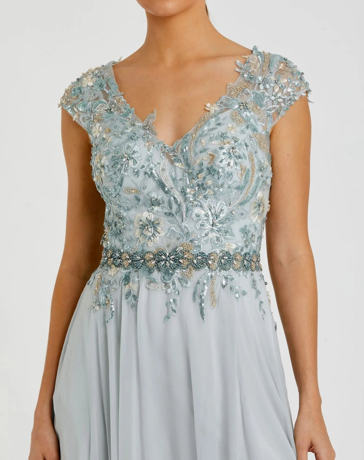 Mac Duggal Blue Embellished Cap Sleeve Bodice Flowy Gown Duggal